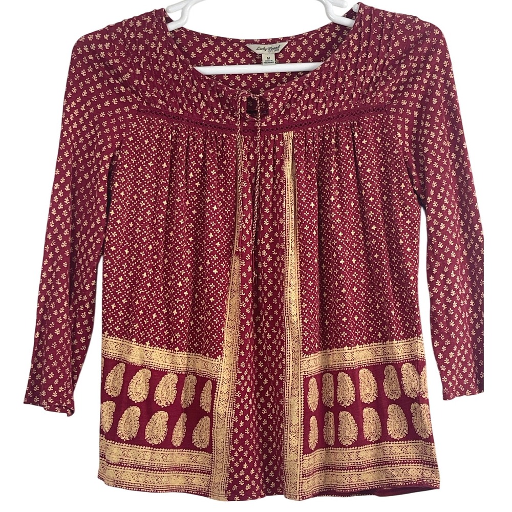 00707 Lucky Brand Burgundy Gold Floral Paisley Boho Tunic Top Women's Size Med